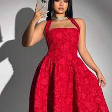 Plus Size Women Jacquard Halter Dress, Black, Valentine's Day, For Summer - Negro - Ver 5