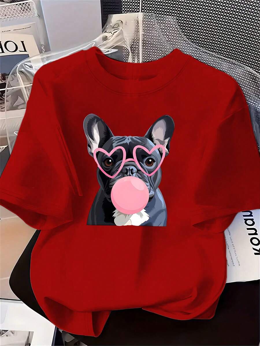 Plus Size, Women's Summer New Arrival T-Shirt With Short Sleeves, Featuring A Cartoon Print Of A -Gray French Bulldog Wearing Pink Heart-Shaped - 紅色 - 查看 1