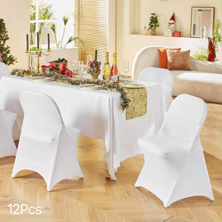 12Pcs White Stretch Spandex Folding Chair Covers, Universal Fitted Chair Cover, Removable Washable Protective Slipcovers, For Wedding, Holiday, Banquet, Party, Celebration, Dining, Christmas Decor - trắng - Xem 1