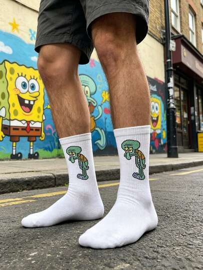 SpongeBob SquarePants 1 par de calcetines de media pantorrilla con estampado de pulpo de dibujos animados blancos para hombres, calcetines divertidos y casuales para uso diario
