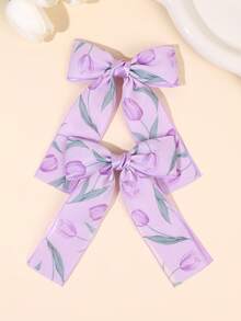 2pcs Purple Tulip Print Ribbon Hair Bow Clips,Alligator Clips,Flower Pattern Bow Hair Clips,Exquisite Gentle Barrettes,Elegant Fashion Spring Summer Hair Accessories,Women Hair Accessories For Daily Life,Bobby Pin,Hair Claws - Multicolor - View 8