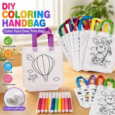 6/24pcs Reusable DIY Graffiti Mini Non-Woven Tote Bags - Festive Animal Art Party Gift Bags, Colored Markers, Christmas & New Year Gift Wrapping And Storage, Party Favor Supplies - Styles, Patterns And Rope Colors Random