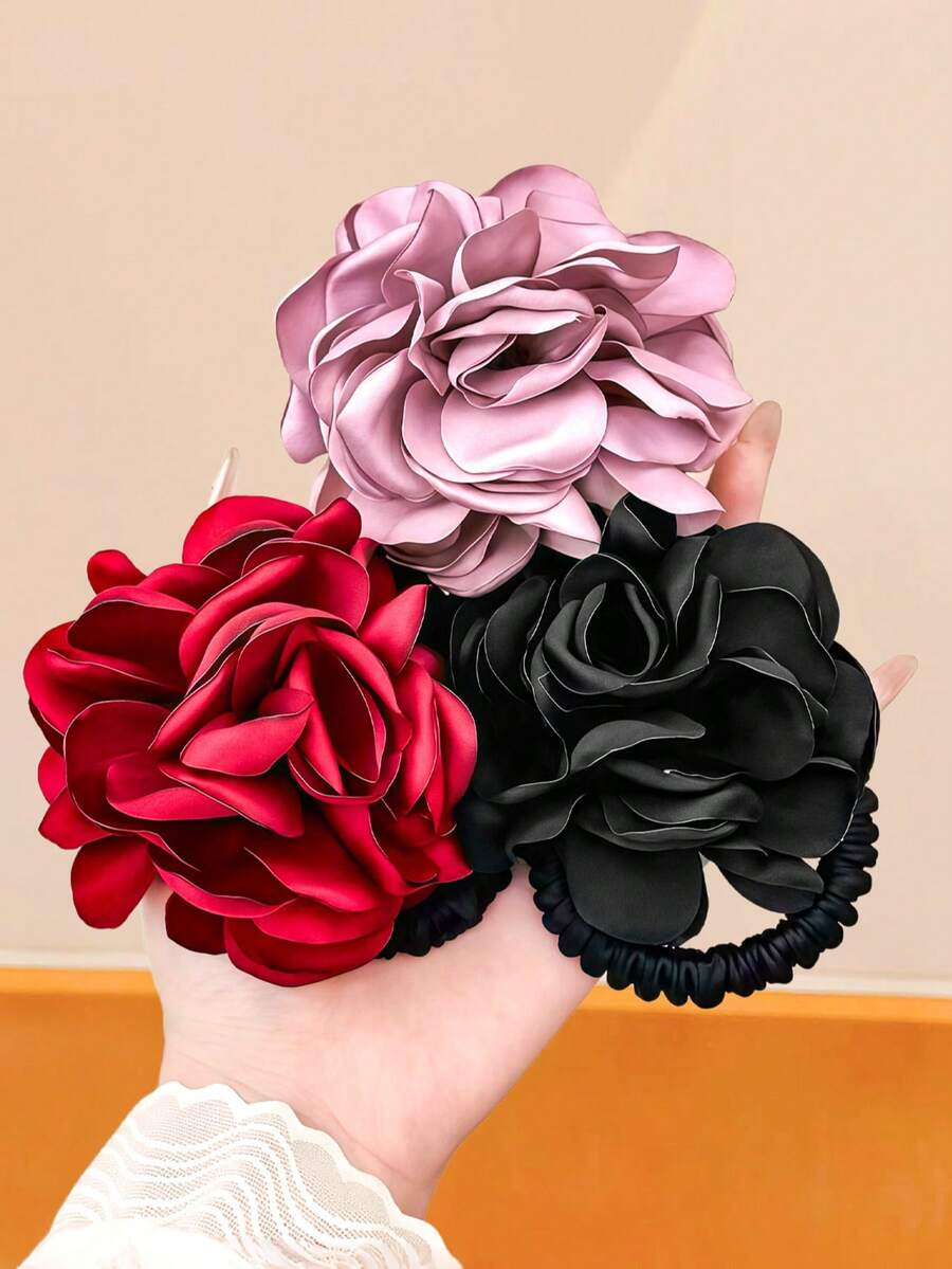 3/1 Set Vintage Rose Flower Hair Scrunchies, Satin Imitation Flower Hair Ties, Elegant Hair Accessories - Suitable For Women And Girls, For Daily, Date, School, Party, Holidays, Gifts,Travel,Birthday - Multicolor - View 1