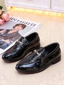 A Pair Of Boys' Round-Toe Leather Shoes, Formal Dress Shoes, Stylish Black Flat Shoes For Weddings And Evening Events, Suitable For Children Aged 4-12 - 黑色 - 查看 3
