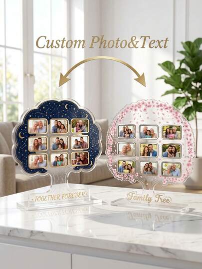 1pc Custom Family Tree Photo Acrylic Plaque, Personalized Multi-Photo Keepsake Ornament, Mother's Day Sentimental Gift For Parents Grandparents, Cherry Blossom/Celestial Starry Night Desk Decor, Engraved Base