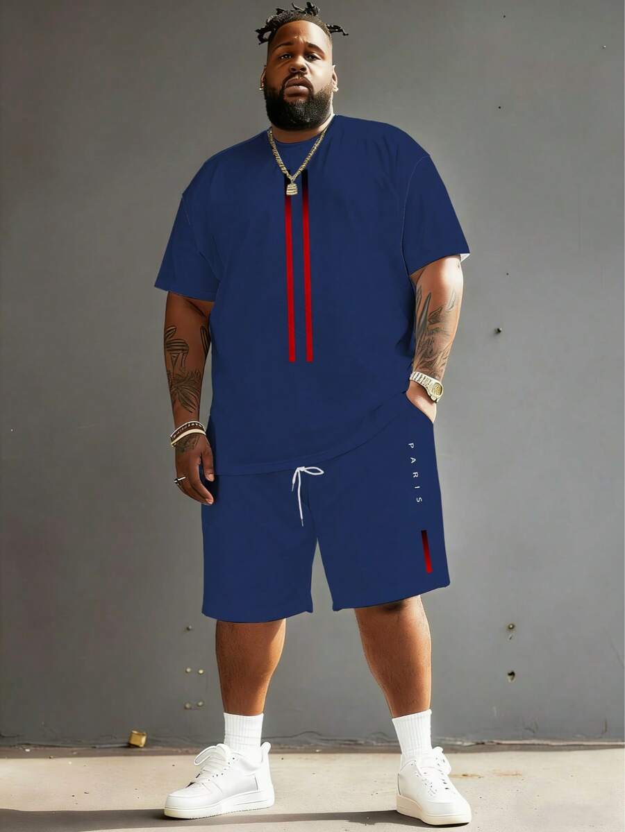 Conjunto deportivo casual para hombres con diseño de "Cuadros degradados simples con letra PARIS" - Hecho de tela de punto de poliéster, cuello redondo, pantalones cortos con cordón, detalles de bolsillo, ajuste regular, adecuado para tallas grandes - Lavado ligero - Ver 1