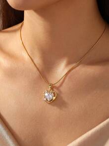 1pc Gold-Plated Necklace, Hollow Heart Pendant, Teardrop Cut, Inlaid With Ruby, Emerald, Sapphire, Pink Cubic Zirconia, Delicate O-Shape Chain, Suitable For Women's Daily Wear, Birthday Party, Valentine's Day, Wedding, Mother's Day, Engagement - Multicolor - View 2