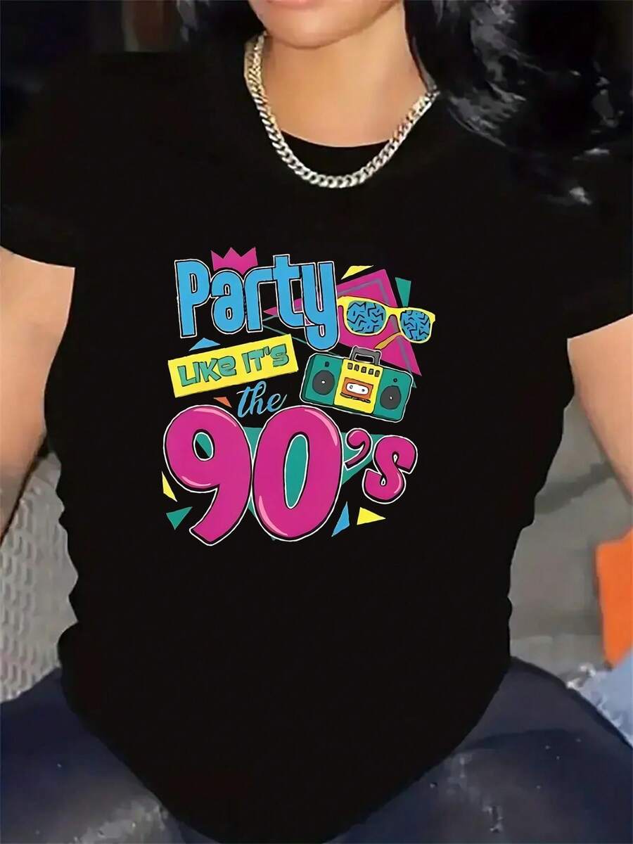 Black 90s Party Theme Short Sleeve T-Shirt For Women, Made Of Lightweight And Durable Fabric, Perfect For Casual Wear, Home, Parties Or Restaurant Outings, Fun Design With Vibrant Colors - 黑色 - 查看 1