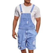 2026 Hot  Men's Distressed Denim Bib Overall Shorts - Relaxed Fit, Knee-Length, Multi-Pocket Design | Non-Stretch Woven Denim Fabric, Casual Style, Machine Washable & Dry Cleanable, Summer Casual Wear - 淺藍色 - 查看 1