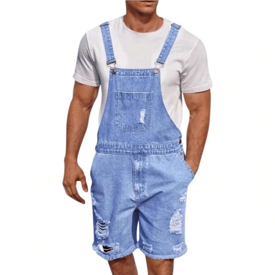 2026 Hot Men's Distressed Denim Bib Overall Shorts - Relaxed Fit, Knee-Length, Multi-Pocket Design | Non-Stretch Woven Denim Fabric, Casual Style, Machine Washable & Dry Cleanable, Summer Casual Wear - 淺藍色 - 查看 1