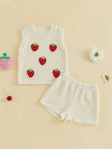 Conjunto de Pantalones Cortos para Bebé Niña Pequeña con Aplicaciones de Fresa/Cereza/Flor, Camisetas sin Mangas y Pantalones Cortos, Conjunto de Verano de 2 Piezas de Tejido Waffle - Albaricoque - Ver 1