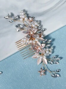 1pc Gold Leaf Faux Pearl Rhinestone Floral Hair Comb, Handmade Romantic Bridal Wedding Bridesmaid Hair Accessory, Evening Party Hair Clip,Festival,Birthday - Gold - View 9