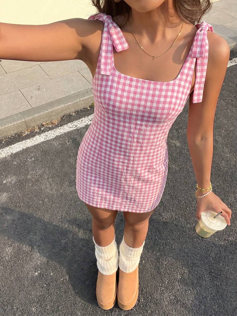 女士格子休闲度假粉色格子连衣裙优雅夏季 - 粉色 - 查看 1