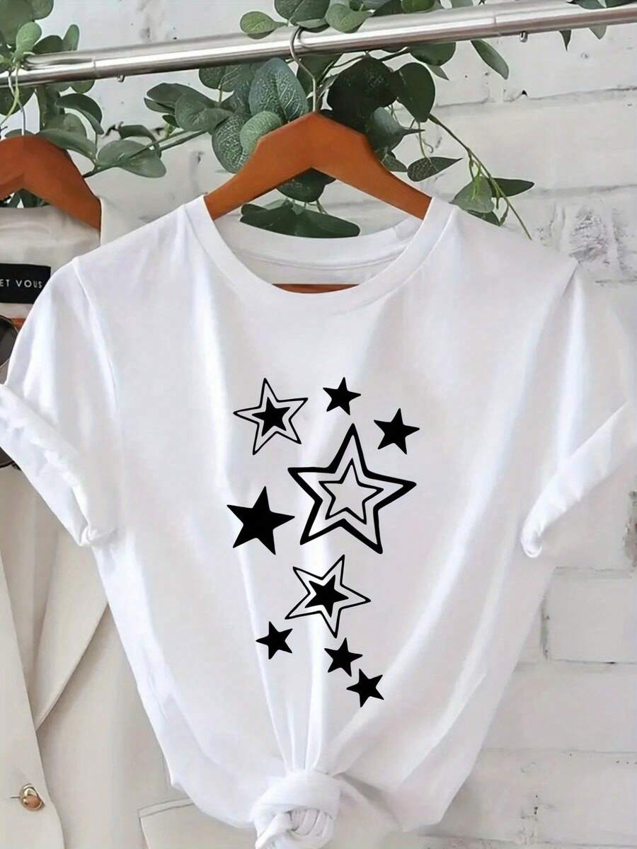 Camiseta Blanca 100% Algodón para Mujer con Estampado de Estrellas - Corte Relajado, Manga Corta, Cuello Redondo, Estilo Casual, Diseño de Estrellas en el Pecho en Forma de V, Suave y Transpirable, Camiseta para Todas las Temporadas, Ideal para Fiestas, Ropa Casual y Uniformes de Maestra, Camiseta Gráfica Lavable a Máquina para Mujer - Estilo Urbano Vintage, Unisex, Holgada, de Algodón, Manga Corta y Cuello Redondo. - Blanco - Ver 1