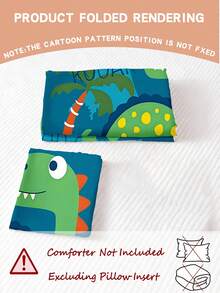 2PCS Cute Green Dinosaur Toddler Bedding Set - Reversible Blue & Beige Kids Duvet Cover With Pillowcase, "ROAR" Print Soft Breathable Bed Sheets For Baby Boys Girls Bedroom Decor 100x120cm - Multicolor - View 2
