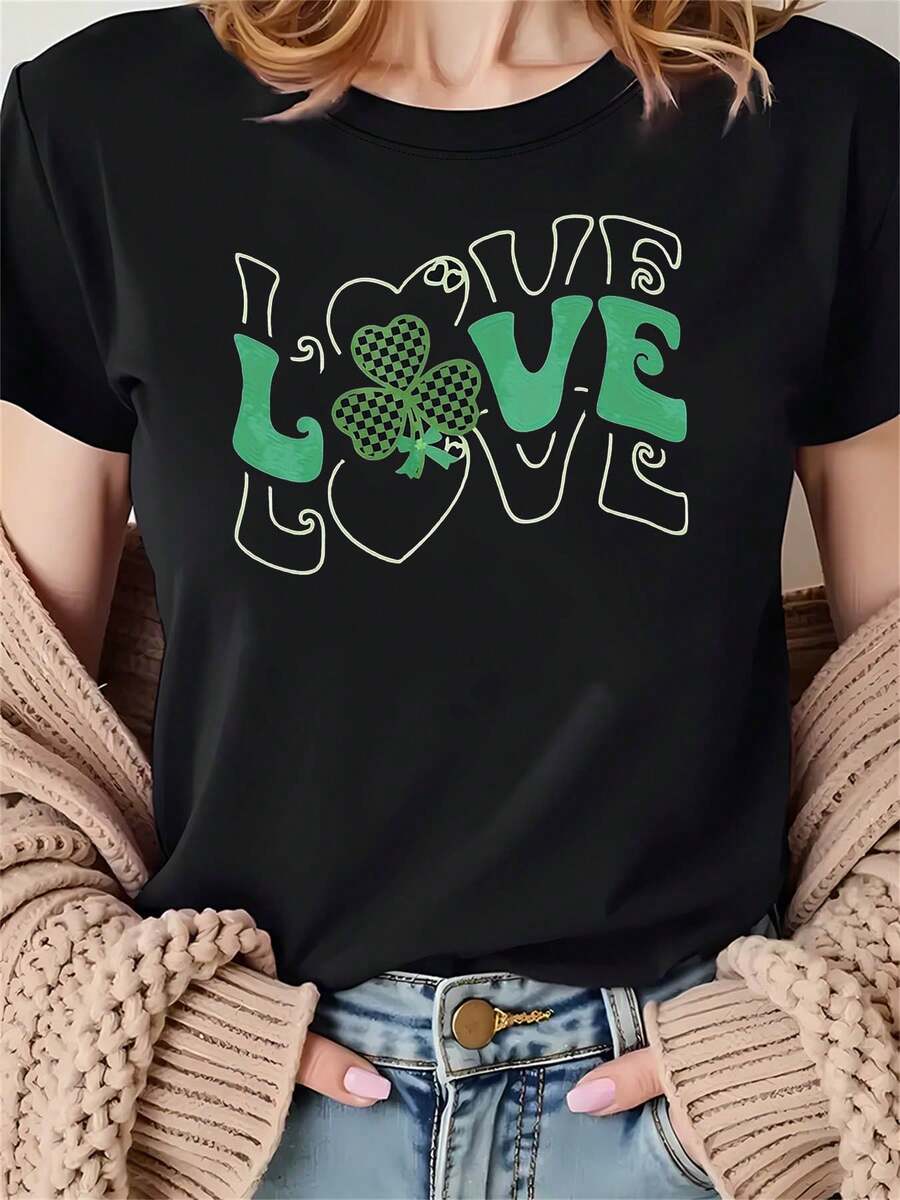 Camiseta impresa con patrón de corazón de trébol de tres hojas para las mujeres, manga corta, cuello redondo, ropa casual, perfecta para uso diario y regalos de vacaciones, ropa de día de San Patricio