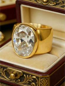 1枚简约宽边金色戒指，镶嵌闪亮立方氧化锆，有椭圆形和方形可选，适合日常佩戴、派对和周年纪念礼物，时尚饰品（不含礼盒） - 金色 - 查看 14