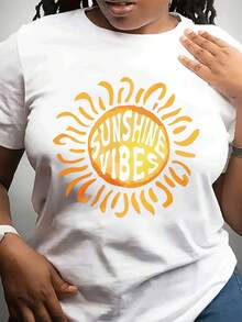 Camiseta casual de cuello corto de moda de las mujeres con patrón de sol estilo soleado y enérgico erfect regalo para la familia y los amigos - Blanco - Ver 2