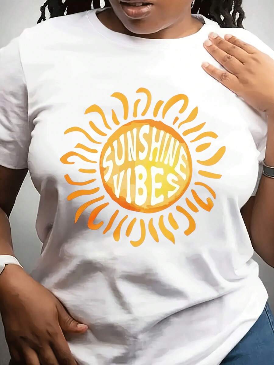 Camiseta casual de cuello corto de moda de las mujeres con patrón de sol estilo soleado y enérgico erfect regalo para la familia y los amigos