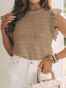 Women's Crochet Striped Knit Sleeveless Top, Lightweight Round Neck Ruffle Hem Short Sleeve Blouse Summer - Khaki - View 3