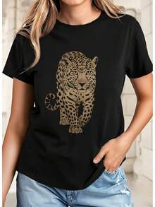Women's 1-Piece Leopard Print T-Shirt | Casual And Fashionable Top, Loose Fit, Crew Neck, Short Sleeves, Non-Stretch Fabric, Suitable For Daily Wear, Vacation, Parties, And Home Use - 黑色 - 查看 1