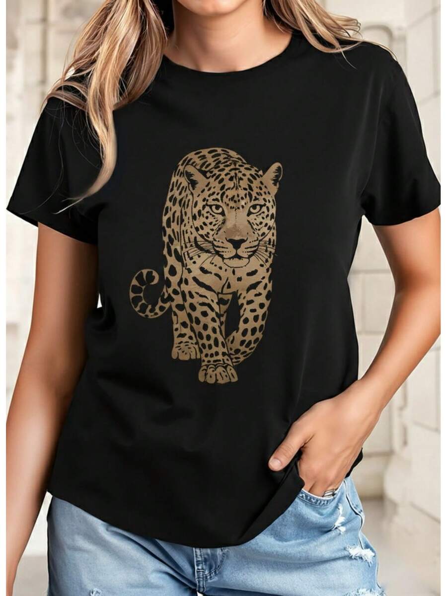 Women's 1-Piece Leopard Print T-Shirt | Casual And Fashionable Top, Loose Fit, Crew Neck, Short Sleeves, Non-Stretch Fabric, Suitable For Daily Wear, Vacation, Parties, And Home Use - 黑色 - 查看 1