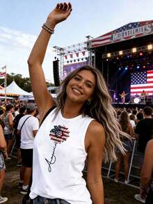 Women Sleeveless Tank Top, American Flag Daisy Patriotic Print Loose Vest, Casual White Summer Tops, 4th Of July Independence Day Daily Vacation - trắng - Xem 3