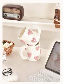 1pc 500ml/16.9oz Cream Pink 3D Embossed Heart Mug Irregular Design Embossed Hand-Painted Ceramic Drinking Cup - Multicolor - View 3