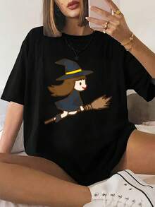 Women's Athleisure T-Shirt, Cartoon Witch, White, Flying On A Broomstick, Halloween Party Costume, Casual Wear - 黑色 - 查看 1