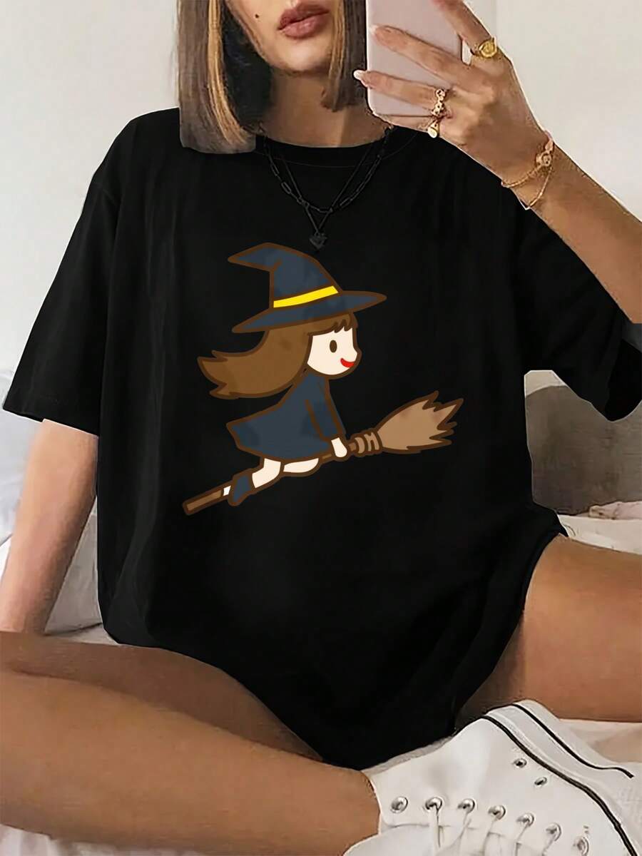 Women's Athleisure T-Shirt, Cartoon Witch, White, Flying On A Broomstick, Halloween Party Costume, Casual Wear - 黑色 - 查看 1