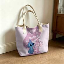 Disney Stitch & Angel "Love Is Magic" Canvas Tote Bag, Pastel Pink Shoulder Bag For Daily Use - White - View 7