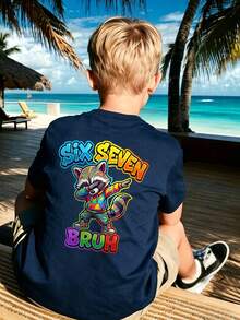 Tween Boys' Navy Blue Round Neck Short Sleeve T-Shirt With Raccoon Dabbing "Six Seven Bruh" Print On Back, Casual And Comfortable - Navy Blue - View 1
