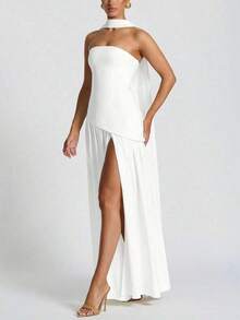 Vestido elegante y sexy de unicolor con abertura para fiesta, vacaciones y boda, color verde oscuro para primavera - Blanco - Ver 5