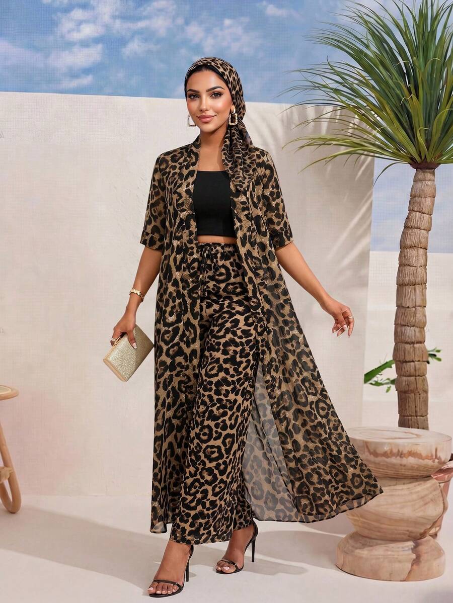 SHEIN Lady Mùa Thu ĐôngThanh LịchĐenNâuDa BáoDệt In Dài TayÁo Sơ Mi Dài &Dệt Họa Tiết Da BáoQuần Nữ - Nhiều màu - Xem 1