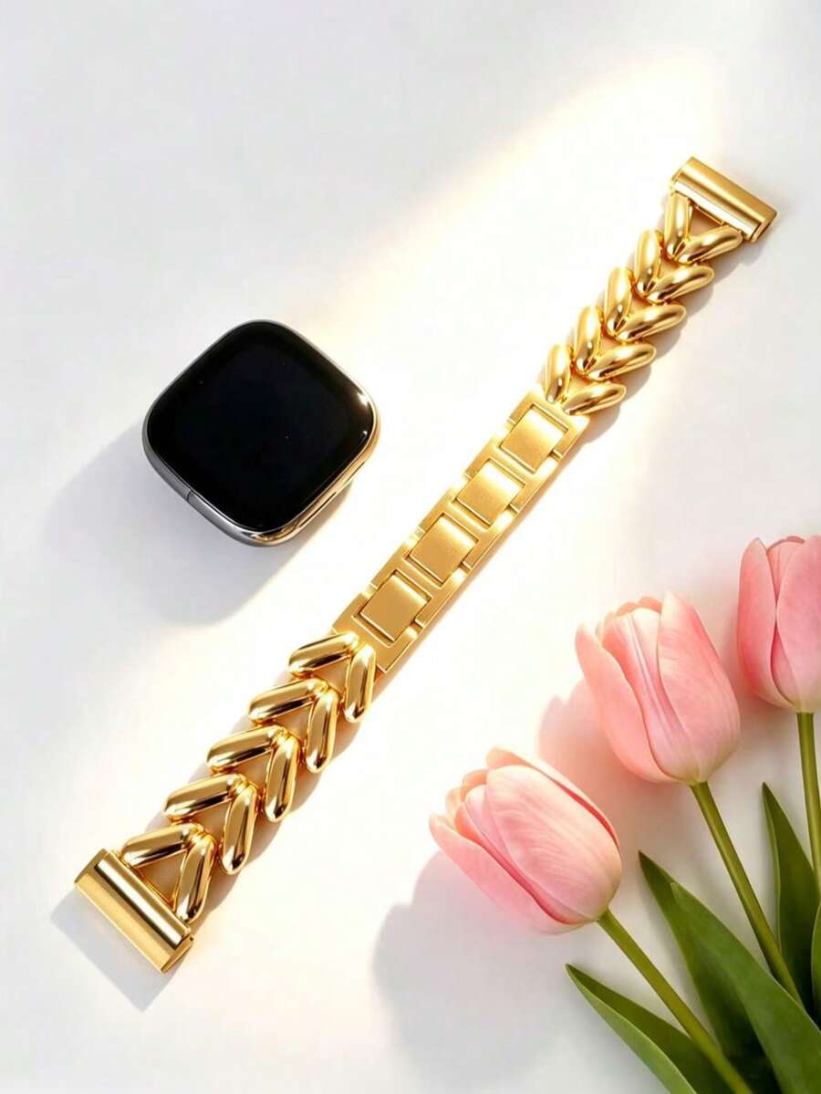 Gold V-Shaped Quick Release Stainless Steel Watch Band Compatible With Versa 4 / Versa 3 / Sense Smartwatch, Fits 5.5-7 Inch Wrists, Adjustable Metal Strap, Comfortable And Elegant For Daily Wear, Sports, Business And Casual Occasions. - Gold - View 1