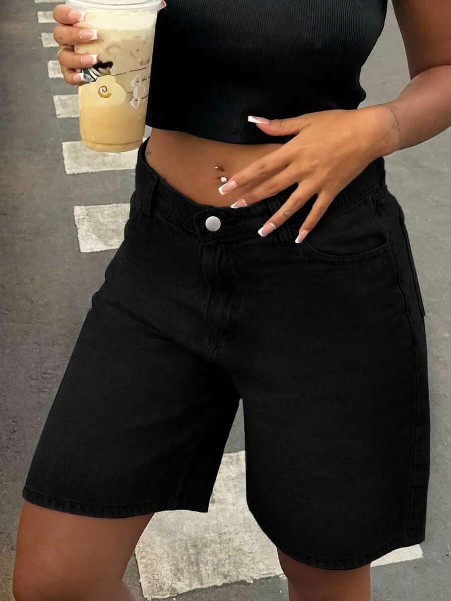 女款低腰寬鬆直筒膝蓋長牛仔褲,休閒極簡百搭日常穿搭黑色夏季 - 黑色 - 查看 1