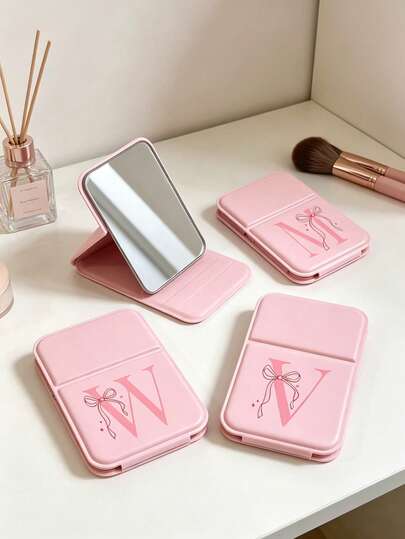 Pink Mini Foldable Portable Makeup Mirror, Pink Letters With Pink Bow Of A-Z Makeup Mirror With Bracket, Travel Mirror, Beauty Products, Desktop Makeup Mirror, Rectangular Desktop Compact Mirror Foldable Small Minimalist Makeup Mirror, Travel Portable Makeup Mirror For Women'S Gift - The Best Gift For Mom And Teacher ,Bachelorette Parties, Gift Boxes, And Other Occasions Such As Work, Travel, And Events.