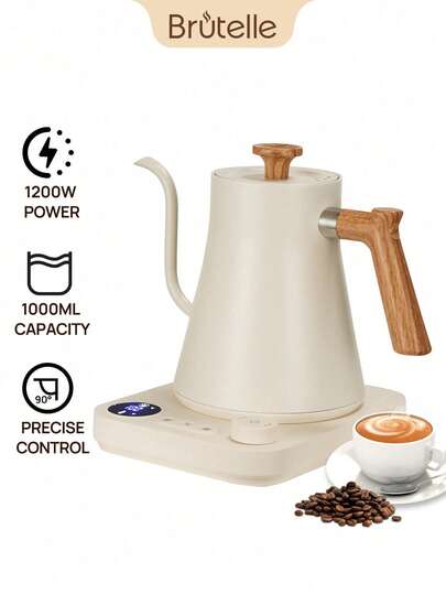 Brutelle 900ml Electric Kettle, Gooseneck Design, Temperature Sensing, Rapid Heating 1200W, Auto Shut-Off, One-Touch Keep Warm, Stainless Steel, White, Suitable For Home Kitchen And Coffee Corner