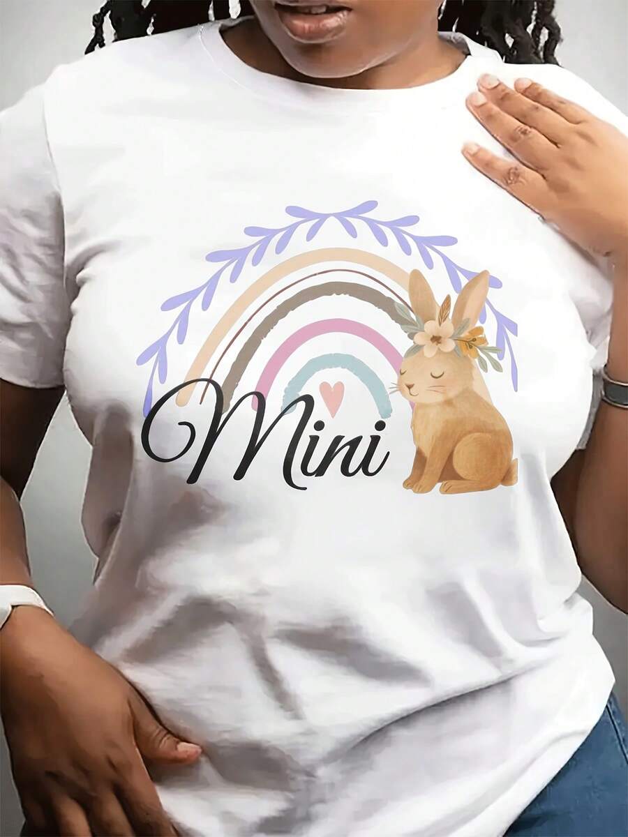 Camiseta casual de moda de cuello redondo de las mujeres de Pascua con mini patrón de conejo arco iris, estilo lindo y cálido