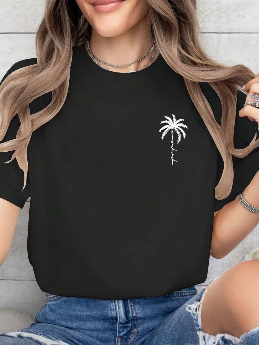 1pc Women's Slim Fit Short Palm Tree T-Shirt - Summer Beach Top With Crew Neck, Short Sleeve Blouse For Casual & Tropical Outfits - 黑色 - 查看 1