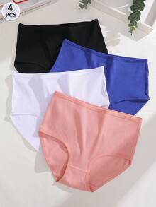 FINETOO 4pcs Pure Cotton Tummy Control Comfortable Ribbed Solid Color High Waist Women's Triangle Panties, Plus Size Women's Underwear, Size S-XXXL - Multicolor - View 2