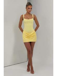 Women's Square Neck Sleeveless Dress, Corset Style Ruched Bodycon Party Dress - Yellow - View 4