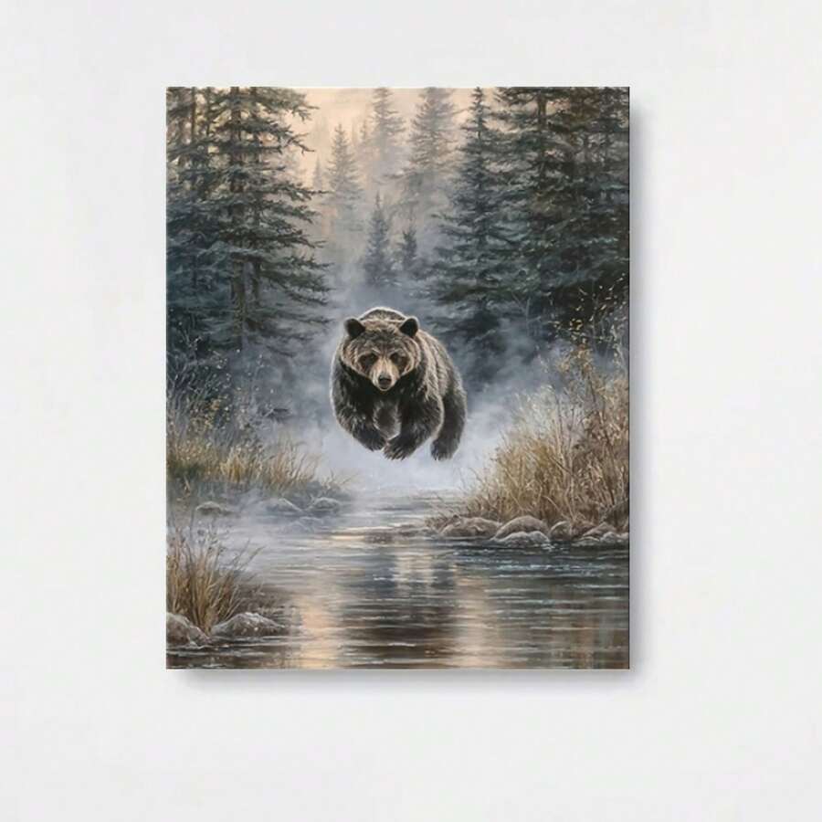 Póster de arte de pared de oso grizzly de estilo minimalista nórdico vintage plano 2D, 1 pieza | Conmarco de madera, listo para colgar, adecuado para dormitorio, sala de estar, cocina, comedor, baño, cafetería, regalo perfecto para la decoración del hogar, ideal para invierno - Enmarcado - Ver 1