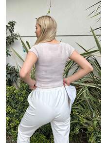ÇIT ÇIT KAPAMALI ÇİZGİLİ CROP ÖRME BLUZ - Beige - View 6