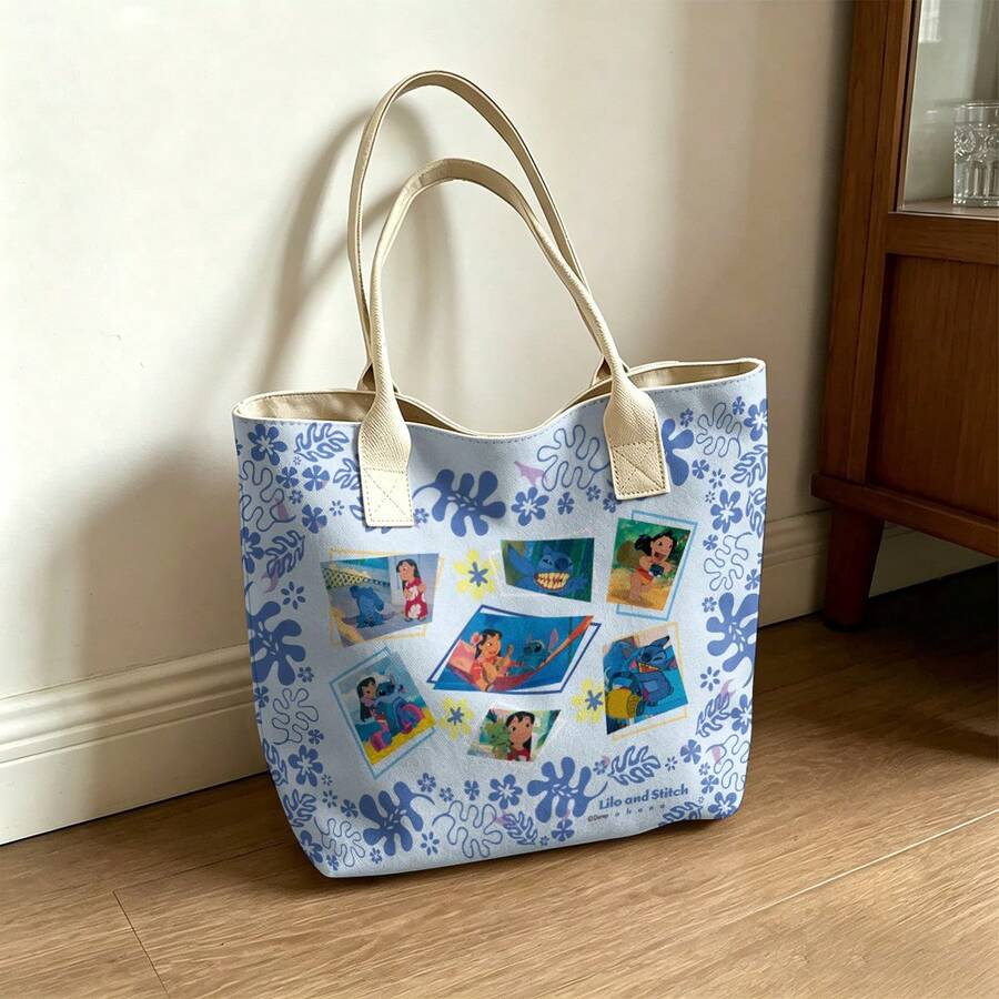 Miniso Disney Lilo And Stitch Tote Bag, Large Capacity Canvas Shoulder Bag, Casual Handbag For Work, School, Shopping, Travel, Daily Use, Home Decoration - White - View 1