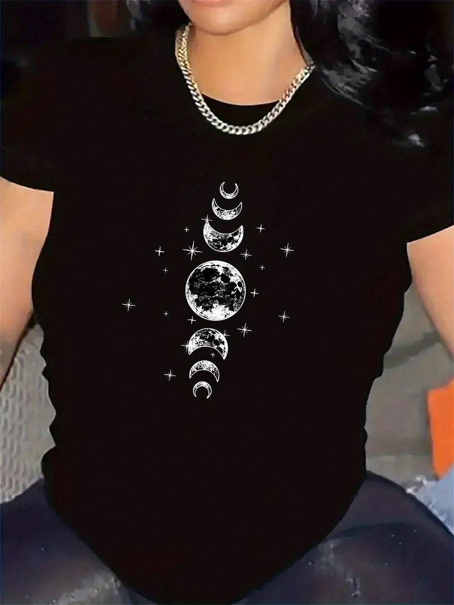 Women's Black And White Moon And Star Phase Print Short Sleeve T-Shirt - Durable, Comfortable Crew Neck, Casual All-Weather Home Wear, Moon Phase T-Shirt, Dorm Wear, Celestial Design, Medium Stretch Fabric, Relaxed Fit Top, Stylish Design, Soft Material, Printed T-Shirt, Adults - 黑色 - 查看 1