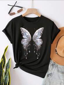 Estilo europeo y americano de moda Loose-Fit versátil casual corto-Sve impreso camiseta superior - Negro - Ver 2