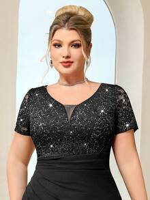Plus Size Deep V-Neck Sequin Floral Lace Patchwork Bodycon Dress Black Elegant Summer - Black - View 9