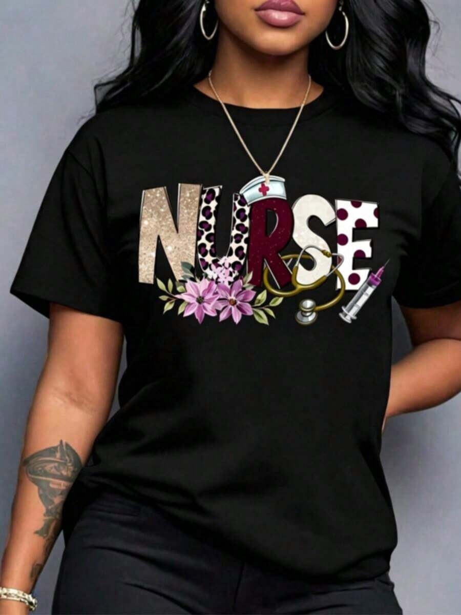 100% cotton Camiseta estampada de enfermera - Diseño temático, camiseta de manga corta, cuello redondo y corte holgado, transpirable y lavable en máquina, de color turquesa brillante, con motivos de estetoscopio y jeringa.Es un interesante traje de enfermera, adecuado para el uso diario en primavera, verano y otoño, y también es una opción ideal para el Día de la Enfermera y la ropa de trabajo diaria. - Negro - Ver 1