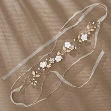 1件手工奢华新娘头饰，饰以珍珠和金叶花朵，适用于婚礼摄影、节日、派对 - 63454 - 查看 3